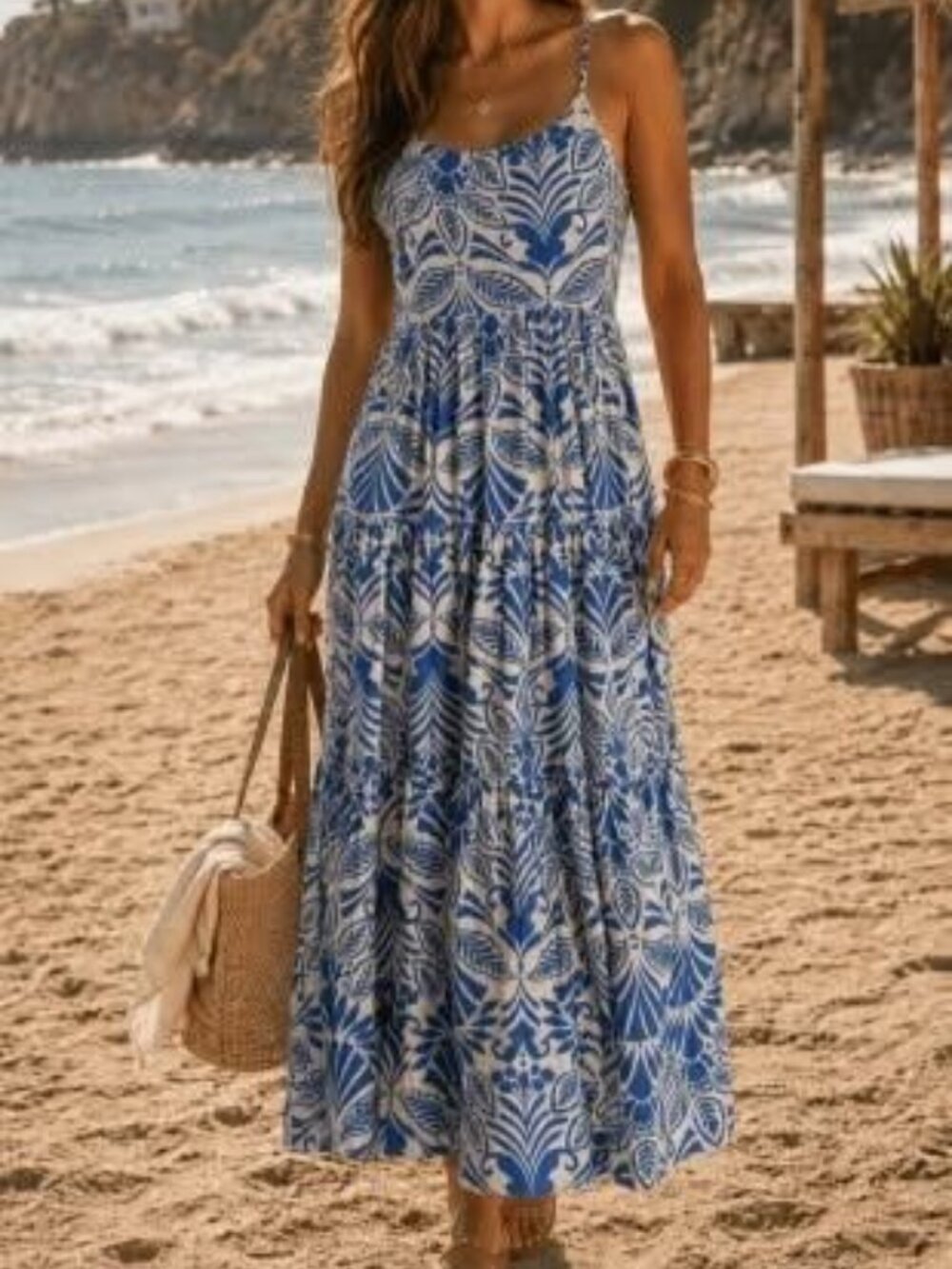Sleeveless Front Pockets Tiered Multi Print Maxi Dress